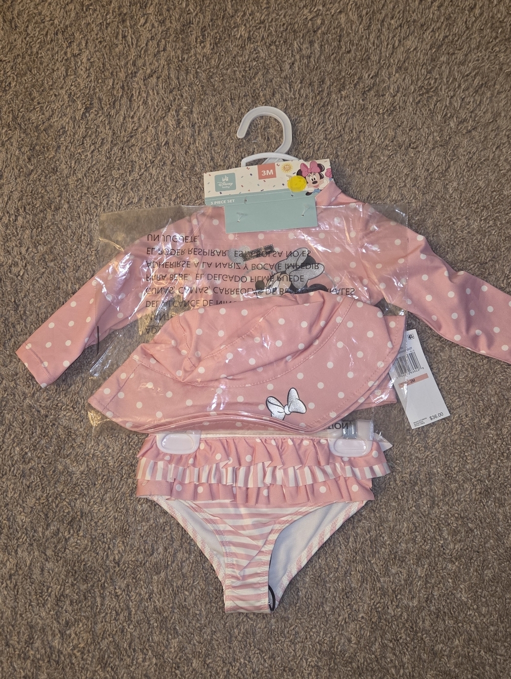 Minnie Mouse Pink Polka Dot Girls Rash Guard Swimsuit Set - New - Size 3M